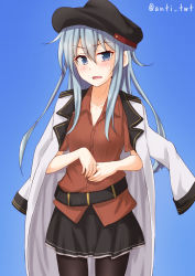 Rule 34 | 1girl, alternate costume, anti (untea9), belt, black pantyhose, black skirt, blue eyes, blush, breasts, commentary request, cosplay, gangut (kancolle), gangut (kancolle) (cosplay), hair between eyes, hat, hibiki (kancolle), highres, jacket, jacket on shoulders, kantai collection, long hair, long sleeves, looking at viewer, open mouth, pantyhose, peaked cap, pleated skirt, red shirt, shirt, short sleeves, silver hair, skirt, small breasts, solo, white jacket
