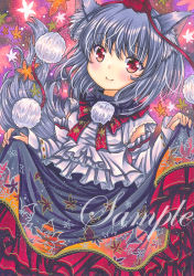Rule 34 | 1girl, animal ear fluff, animal ears, autumn leaves, black skirt, blush, bow, bowtie, breasts, closed mouth, cowboy shot, detached sleeves, frilled skirt, frills, grey hair, grey tail, hair between eyes, hat, inubashiri momiji, looking at viewer, marker (medium), pink background, pom pom (clothes), print bow, print bowtie, print skirt, red bow, red bowtie, red eyes, red hat, ribbon-trimmed sleeves, ribbon trim, rui (sugar3), sample watermark, shirt, skirt, skirt hold, small breasts, smile, solo, tail, tokin hat, touhou, traditional media, watermark, white shirt, wolf ears, wolf tail