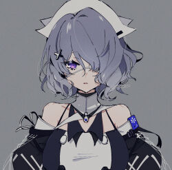 Rule 34 | 1girl, arknights, artist name, citron80citron, detached sleeves, dress, eyepatch, grey background, hair ornament, highres, medical eyepatch, one eye covered, parted lips, purple eyes, purple hair, short hair, simple background, sleeveless, sleeveless dress, solo, upper body, whisperain (arknights), white headwear, x hair ornament