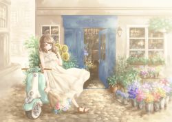 Rule 34 | 1girl, arm at side, arm up, bare arms, basket, bouquet, brown eyes, brown hair, chandelier, cobblestone, day, dress, flower, hand in own hair, highres, holding, holding bouquet, hoshiibara mato, house, lamp, leaning on object, looking at viewer, medium hair, motor vehicle, open door, open mouth, original, outdoors, plant, planter, potted plant, road, sconce, scooter, sleeveless, sleeveless dress, smile, solo, street, sunflower, table, town, white dress, window