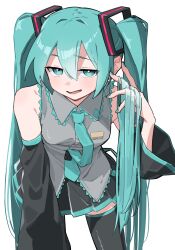 Rule 34 | 1girl, :d, bare shoulders, bent over, black skirt, blue eyes, blue hair, blue nails, blue necktie, blush, boots, breasts, collared shirt, detached sleeves, frilled shirt, frills, grey shirt, hair between eyes, half-closed eyes, hand up, hatsune miku, highres, holding own hair, leaning forward, long hair, miniskirt, nail polish, necktie, open mouth, pleated skirt, quraqura nemii, shirt, skirt, small breasts, smile, smug, solo, thigh boots, twintails, very long hair, vocaloid, wide sleeves
