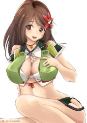 Rule 34 | 1girl, amagi (kancolle), arm support, bare shoulders, bell, breasts, brown eyes, brown hair, center opening, character name, cleavage cutout, clothing cutout, collar, commentary request, crop top, dated, hair ornament, hand on own chest, high ponytail, highres, hip vent, kantai collection, large breasts, leaf hair ornament, long hair, looking at viewer, midriff, miniskirt, mole, neck bell, parted bangs, short sleeves, sidelocks, sitting, skirt, solo, timato, twitter username, white background, wide ponytail