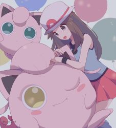 Rule 34 | 1girl, 343rone, :d, ;), balloon, black wristband, blue shirt, blush stickers, brown eyes, brown hair, bucket hat, closed mouth, commentary request, creatures (company), fangs, fangs out, game freak, gen 1 pokemon, hair flaps, hat, highres, jigglypuff, leaf (pokemon), long hair, nintendo, one eye closed, open mouth, pleated skirt, pokemon, pokemon (creature), pokemon frlg, red skirt, scream tail, shirt, skirt, sleeveless, sleeveless shirt, smile, tongue, twitter username, watermark, white headwear, wristband