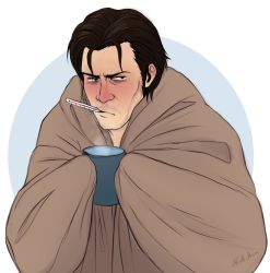 Rule 34 | 1boy, black hair, blanket, cold, cup, grey background, highres, holding, holding cup, hot drink, looking at viewer, male focus, mouth hold, noah asai, sebastian castellanos, solo, the evil within, thermometer, white background