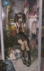 Rule 34 | 1girl, ame-chan (needy girl overdose), black eyes, black footwear, black hair, black nails, black ribbon, black skirt, black socks, boots, cellphone, collared shirt, commentary request, expressionless, full body, hair ornament, hair over one eye, highres, holding, holding phone, indoors, jirai kei, medium hair, mirror, neck ribbon, needy girl overdose, open mouth, phone, red shirt, ribbon, second-party source, shion (mirudakemann), shirt, shirt tucked in, sitting, skirt, smartphone, socks, solo, stuffed toy, suspender skirt, suspenders, twintails, x hair ornament