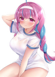 Rule 34 | 1girl, ahoge, arm behind head, arm up, bad id, bad pixiv id, between legs, blue hair, blush, braid, breasts, closed mouth, commentary request, gym shirt, hand between legs, headband, hololive, long hair, looking at viewer, medium breasts, minato aqua, multicolored hair, nikoo, pink hair, purple eyes, shirt, simple background, sitting, solo, streaked hair, sweat, twin braids, two-tone hair, very long hair, virtual youtuber, white background, white headband, white shirt