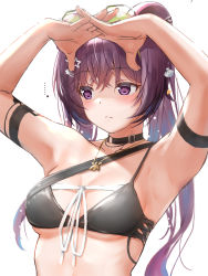 Rule 34 | 1girl, animal ears, arknights, arm strap, armpits, arms up, bare shoulders, bikini, black bikini, black choker, breasts, choker, closed mouth, expressionless, eyewear on head, highres, interlocked fingers, jewelry, lin (arknights), long hair, looking away, medium breasts, mouse ears, necklace, official alternate costume, ponytail, purple eyes, purple hair, shading eyes, solo, swimsuit, upper body, yukinoshiro