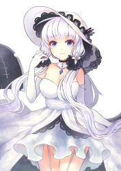 Rule 34 | 1girl, a (pixiv4754565), azur lane, bare shoulders, blue eyes, breasts, choker, cleavage, cowboy shot, dress, elbow gloves, garter straps, gloves, hair ornament, hat, highres, illustrious (azur lane), lace-trimmed hat, lace trim, long hair, looking at viewer, low twintails, mole, mole under eye, smile, solo, twintails, white background, white dress, white gloves, white hair