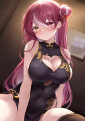 Rule 34 | 1girl, bare arms, bare shoulders, black dress, blush, breasts, cleavage, cleavage cutout, closed mouth, clothing cutout, commentary, covered navel, dress, english commentary, hair ornament, heart cutout, heterochromia, hololive, houshou marine, large breasts, long hair, looking at viewer, mixed-language commentary, multicolored hair, nikoo, purple eyes, purple hair, sideboob, solo, streaked hair, virtual youtuber, white hair, yellow eyes