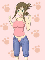 Rule 34 | 1girl, breasts, brown hair, camisole, capri pants, clenched hands, denim, folded ponytail, green eyes, hair ornament, hairclip, highres, jeans, kurobuta (iina), large breasts, long hair, midriff, open fly, open mouth, panties, pants, pink panties, ponytail, smile, solo, sophia esteed, star ocean, star ocean till the end of time, unbuttoned, underwear, unzipped
