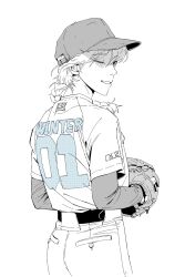 Rule 34 | 1girl, aespa, baseball cap, baseball glove, baseball uniform, braid, character name, commentary, english commentary, from behind, hat, highres, k-pop, korean commentary, long hair, looking at viewer, mixed-language commentary, monochrome, one eye closed, pants, parted lips, pizza no pizazz, real life, shirt tucked in, smile, solo, sportswear, spot color, white background, winter (aespa)