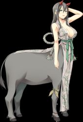 Rule 34 | 1girl, absurdres, arms up, bare arms, blush, breasts, centaur, cleavage, cura, embarrassed, female focus, flat (company), flower, full body, game cg, green eyes, grey hair, hair flower, hair ornament, highres, japanese clothes, large breasts, long hair, looking at viewer, monobeno, monster girl, parted lips, simple background, sleeveless, solo, standing, tail, taur, tooko (monobeno)