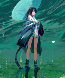 Rule 34 | 1girl, absurdres, aqua jacket, arknights, china dress, chinese clothes, colored skin, dragon girl, dragon horns, dragon tail, dress, dusk (arknights), earrings, gohanduck, green hair, highres, holding, holding umbrella, horns, jacket, jewelry, lofter username, long hair, multicolored hair, necktie, off-shoulder jacket, off shoulder, orange eyes, pointy ears, rain, red necktie, reflection, reflective water, sleeveless, sleeveless dress, solo, tail, tassel, tassel earrings, umbrella, white dress