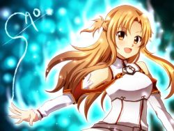 Rule 34 | 10s, 1girl, :d, armor, asuna (sao), blush, breastplate, brown eyes, brown hair, detached sleeves, long hair, long sleeves, looking at viewer, miton39, open mouth, outstretched arm, smile, solo, sword art online, text focus