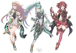 Rule 34 | 3girls, absurdres, bare shoulders, black gloves, blonde hair, breasts, chascoby, chest jewel, cleavage, cleavage cutout, clothing cutout, dress, earrings, fingerless gloves, gloves, green eyes, green hair, high heels, highres, jewelry, large breasts, long hair, multiple girls, mythra (xenoblade), pneuma (xenoblade), ponytail, pyra (xenoblade), red eyes, red hair, red shorts, short dress, short hair, short shorts, shorts, swept bangs, tiara, very long hair, white dress, white gloves, xenoblade chronicles (series), xenoblade chronicles 2, yellow eyes
