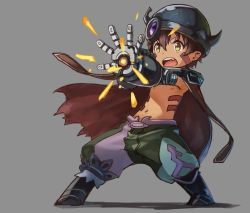 Rule 34 | 1boy, akefumi, arm cannon, brown hair, cape, dark-skinned male, dark skin, facial mark, fake horns, fang, helmet, horned helmet, made in abyss, male focus, mechanical arms, open mouth, regu (made in abyss), topless male, simple background, solo, weapon, yellow eyes
