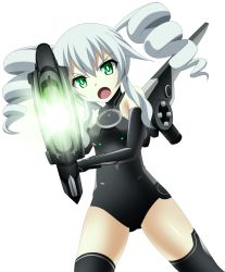 Rule 34 | &gt;:o, 10s, 1girl, :o, absurdres, aiming, aiming at viewer, angry, bare shoulders, black gloves, black sister, black thighhighs, blush, breasts, cowboy shot, drill hair, elbow gloves, energy gun, foreshortening, gloves, glowing, green eyes, gun, hair between eyes, halterneck, highres, holding, holding weapon, legs apart, leotard, long hair, looking at viewer, magical girl, neptune (series), open mouth, planeptune, sidelocks, simple background, small breasts, solo, thighhighs, transparent background, turtleneck, twin drills, uni (neptunia), v-shaped eyebrows, weapon, white background, white hair