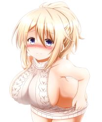 Rule 34 | 1girl, aoyama blue mountain, aran sweater, backless dress, backless outfit, bare shoulders, blonde hair, blush, breasts, cable knit, closed mouth, collarbone, cowboy shot, dress, female focus, gochuumon wa usagi desu ka?, groin, hair between eyes, halterneck, large breasts, leaning forward, looking at viewer, meme attire, naked sweater, no bra, no panties, nose blush, ponytail, purple eyes, ribbed sweater, short hair, sideboob, simple background, smile, solo, sweater, sweater dress, taka (takalight), turtleneck, turtleneck sweater, virgin killer sweater, white background, white dress, white sweater