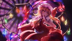 Rule 34 | 1girl, ascot, blood, blurry, blurry background, crystal, flandre scarlet, highres, indoors, laevatein (touhou), long hair, looking at viewer, one side up, pointy ears, rainbow order, red eyes, red skirt, red vest, shirt, skirt, solo, stained glass, tongue, touhou, vest, white shirt, wings, yellow ascot, zi13591
