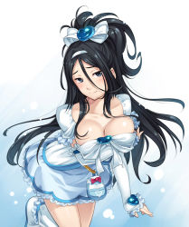 Rule 34 | 1girl, alternate costume, black hair, blue eyes, blush, boots, breast expansion, breast hold, breasts, brooch, cleavage, cosplay, cure white, cure white (cosplay), dress, elbow gloves, futari wa precure, gloves, hair between eyes, hair ribbon, hairband, half updo, heart, heart brooch, hyouka, irisu fuyumi, jewelry, large breasts, long hair, look-alike, niku, nikuoji, ponytail, pouch, precure, ribbon, solo, voice actor connection, yukana