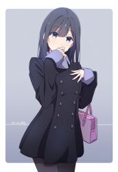 Rule 34 | 1girl, black coat, black hair, black pantyhose, blue eyes, coat, commentary request, covering own mouth, dated, gradient background, grey background, highres, long hair, long sleeves, monai-chan (nii manabu), nii manabu, original, pantyhose, purple bag, signature, solo, standing, two-tone background, white background