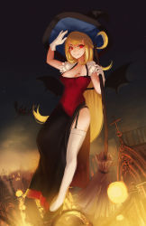 Rule 34 | 1girl, blonde hair, fang, garter straps, gloves, highres, long hair, red eyes, softmode, solo, thighhighs, wings