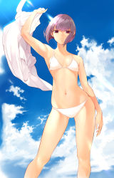 Rule 34 | 1girl, absurdres, arm up, bikini, blue sky, blunt bangs, bob cut, breasts, cloud, collarbone, contrapposto, day, dress shirt, highres, hip bones, holding, inaba makoto, legs apart, looking at viewer, mole, mole on neck, navel, original, outdoors, parted lips, purple eyes, purple hair, shirt, short hair, sky, small breasts, solo, standing, sunlight, swimsuit, white bikini