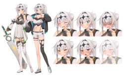 Rule 34 | 1girl, :d, ^ ^, bare shoulders, black jacket, black thighhighs, blush, boots, breasts, bridal gauntlets, cleavage, cleavage cutout, clenched teeth, closed eyes, closed mouth, clothing cutout, coeiroink, collarbone, croix-chan, crop top, detached sleeves, dress, expressions, full body, green eyes, grey hair, hair intakes, hand up, highres, holding, holding sword, holding weapon, jacket, long hair, long sleeves, medium breasts, multiple views, navel, nose blush, off shoulder, open clothes, open jacket, open mouth, partner (kprtnr), pleated dress, ponytail, puffy long sleeves, puffy sleeves, shaded face, shoes, short shorts, shorts, simple background, single thighhigh, sleeveless, sleeveless dress, sleeves past wrists, smile, standing, sweat, sword, tears, teeth, thigh boots, thighhighs, tongue, tongue out, torn clothes, torn thighhighs, very long hair, wavy eyes, wavy mouth, weapon, weapon request, white background, white dress, white footwear, white shorts, white sleeves