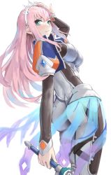 Rule 34 | 1girl, aqua eyes, arm up, ass, blue gemstone, blush, bodysuit, closed mouth, cropped jacket, crystal, eclair (world flipper), female focus, from behind, gem, happy, highres, holding, holding sword, holding weapon, jacket, level9kaito, long hair, long sleeves, looking at viewer, looking back, multicolored bodysuit, multicolored clothes, open clothes, open jacket, pink hair, puffy short sleeves, puffy sleeves, see-through, short sleeves, sidelocks, simple background, skin tight, smile, solo, standing, sword, tiara, weapon, white background, white headwear, world flipper