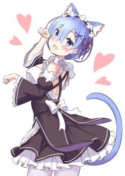 Rule 34 | 1girl, animal ears, apron, black dress, blue eyes, blue hair, blush, cat ears, cat girl, cat tail, commentary request, cowboy shot, dress, extra ears, frilled dress, frills, heart, looking at viewer, looking to the side, maid, maid apron, open mouth, pantyhose, paw pose, re:zero kara hajimeru isekai seikatsu, rem (re:zero), s (hdru2332), solo, tail, teeth, upper teeth only, white background, white pantyhose
