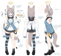 Rule 34 | 1girl, animal ears, black footwear, black skirt, blue jacket, breasts, brown hair, brown tail, character sheet, commentary request, fox ears, fox girl, fox tail, full body, highres, inuyayo, jacket, large breasts, medium hair, mofpi, original, oversized clothes, single thighhigh, skirt, striped clothes, striped thighhighs, tail, thighhighs, translation request, white background