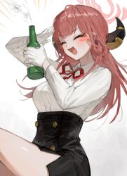 Rule 34 | 1girl, alcohol, aru (blue archive), black skirt, blue archive, blush, blush stickers, bottle, breasts, closed eyes, collared shirt, commentary request, frost fog, gloves, halo, high-waist skirt, highres, holding, holding bottle, horns, korean commentary, long hair, long sleeves, medium breasts, neck ribbon, open mouth, red hair, ribbon, salute, shirt, side slit, simple background, skirt, solo, white background, white gloves, white shirt