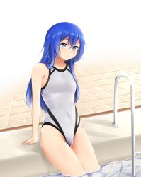 Rule 34 | 1girl, astarte (strike the blood), blue eyes, blue hair, closed mouth, competition swimsuit, covered navel, grey one-piece swimsuit, hair between eyes, highleg, highleg swimsuit, long hair, one-piece swimsuit, pool, sitting, solo, straight hair, strike the blood, swimsuit, very long hair, wading, white background, yyi