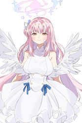 Rule 34 | 1girl, bare shoulders, blue archive, blush, breasts, closed mouth, dress, halo, hei (tonarinohey), highres, large breasts, long hair, looking at viewer, mika (blue archive), pink hair, raised eyebrows, simple background, sleeveless, sleeveless dress, solo, sweatdrop, upper body, white background, white dress, wings, yellow eyes