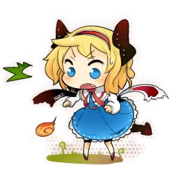 Rule 34 | 1girl, ^^^, alice margatroid, bad id, bad pixiv id, blonde hair, blue eyes, blush stickers, breath weapon, breathing fire, capelet, chibi, demon tail, dress, fang, female focus, fire, frills, hairband, horns, katsudansou, open mouth, solo, sweatdrop, tail, touhou, wings