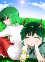 Rule 34 | 2girls, antennae, arm support, bad id, bad pixiv id, blue sky, breasts, cloud, day, closed eyes, female focus, flower, grass, green hair, highres, kazami yuuka, large breasts, long sleeves, lying, mattari yufi, multiple girls, neckerchief, on grass, on ground, on stomach, outdoors, red eyes, shirt, short hair, short sleeves, sitting, skirt, sky, smile, sun, touhou, wriggle nightbug, wrist cuffs