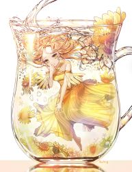 Rule 34 | 1girl, artist name, blonde hair, bubble, flower, highres, ice, ice cube, long hair, looking at viewer, open mouth, original, pitcher (container), roang, solo, submerged, water, yellow eyes