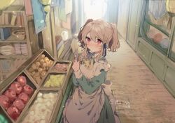 Rule 34 | 1girl, apple, apron, ascot, blue dress, blue ribbon, blush, braid, brown hair, closed mouth, dress, food, from side, fruit, groceries, hair ribbon, highres, holding, ikeuchi tanuma, long sleeves, looking at viewer, maid apron, original, outdoors, pink eyes, red eyes, ribbon, solo, tino (ikeuchi tanuma), twintails, twitter username, white apron, yellow ascot