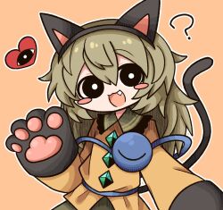 Rule 34 | 1girl, :3, ?, animal ear hairband, animal ears, animal hands, black eyes, black tail, blush stickers, bright pupils, cat ear hairband, cat ears, cat tail, chibi, fake animal ears, fang, frilled shirt collar, frills, gloves, hairband, hand up, heart, highres, komeiji koishi, light green hair, long sleeves, looking at viewer, no headwear, open mouth, orange background, outline, paw gloves, simple background, solo, sweater, tail, touhou, upper body, white outline, white pupils, yellow sweater, zunusama