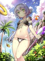 Rule 34 | 1girl, absurdres, arm belt, ball, bandaged arm, bandages, bare arms, bare shoulders, beach umbrella, beachball, bikini, bird, black bikini, blue sky, breasts, bush, ccq, cliff, closed mouth, cloud, cloudy sky, collarbone, cowboy shot, dagger, day, dual wielding, fate/apocrypha, fate (series), flower, gradient hair, green eyes, groin, hibiscus, highres, holding, holding weapon, innertube, jack the ripper (fate/apocrypha), knife, looking at viewer, lotion bottle, multicolored hair, navel, outdoors, palm tree, pink hair, scar, scar across eye, scar on face, shiny skin, short hair, shoulder tattoo, signature, silver hair, sky, small breasts, solo, standing, stomach, surfboard, swim ring, swimsuit, tattoo, thighs, tree, umbrella, underboob, weapon