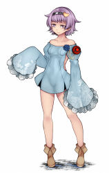 Rule 34 | 1girl, aoshima, bare shoulders, black hairband, boots, breasts, brown footwear, checkered floor, collarbone, commentary request, dress, hair ornament, hairband, heart, heart hair ornament, highres, komeiji satori, light blue dress, long sleeves, looking at viewer, off-shoulder dress, off shoulder, pink eyes, pink hair, short hair, sleeves past wrists, small breasts, solo, thighs, touhou, wide sleeves