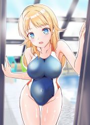 Rule 34 | 1girl, blonde hair, blue eyes, blue one-piece swimsuit, breasts, commentary request, competition swimsuit, cowboy shot, egonomi, hachimiya meguru, idolmaster, idolmaster shiny colors, large breasts, leaning forward, long hair, looking at viewer, one-piece swimsuit, rei no pool, solo, swimsuit