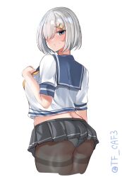 Rule 34 | 1girl, ass, blue eyes, blue sailor collar, breasts, cropped legs, from behind, hair ornament, hair over one eye, hairclip, hamakaze (kancolle), hand up, highres, kantai collection, large breasts, looking at viewer, looking back, one-hour drawing challenge, panties, panties under pantyhose, pantyhose, pleated skirt, raised eyebrow, sailor collar, shirt, short hair, simple background, skirt, solo, sweat, tf cafe, thighband pantyhose, underwear, white background, white panties, white shirt