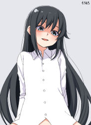 Rule 34 | 1girl, artist name, asashio (kancolle), black hair, blue eyes, blush, buttons, collared shirt, evil smile, grey background, kantai collection, long hair, long sleeves, moti coi, one-hour drawing challenge, open mouth, shaded face, shirt, signature, simple background, smile, solo, upper body, white shirt