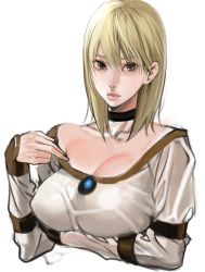 Rule 34 | 1girl, blonde hair, blouse, breasts, brooch, brown eyes, capcom, choker, demento, fiona belli, grey eyes, image sample, inkey, jewelry, large breasts, md5 mismatch, pixiv sample, shirt, sketch, solo