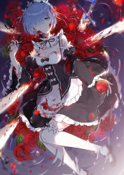 Rule 34 | 10s, 1girl, apple, apron, aqua eyes, black dress, blood, blood on clothes, blood on face, blood stain, blue hair, blunt bangs, blush, bow, breasts, cleavage, detached collar, detached sleeves, dress, excalibur (mythology), flower, food, frills, fringe trim, from above, front-tie top, fruit, grass, hair ornament, hair over one eye, hair ribbon, highres, lace, looking at viewer, lying, maid, maid headdress, on back, petals, puffy sleeves, re:zero kara hajimeru isekai seikatsu, red flower, red rose, rem (re:zero), ribbon, rose, short hair, solo, submerged, sword, thighhighs, uniform, water, water drop, weapon, white thighhighs, wide sleeves, x hair ornament, yuzhi, zettai ryouiki