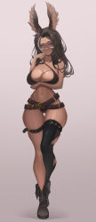 Rule 34 | 1girl, absurdres, animal ears, arm under breasts, belt, black bra, black panties, black thighhighs, blue eyes, boots, bra, breasts, brown background, brown belt, brown footwear, brown hair, cleavage, dark-skinned female, dark skin, earrings, facial tattoo, final fantasy, final fantasy xiv, full body, gold earrings, grin, hand on own cheek, hand on own face, hand up, highres, jewelry, large breasts, long hair, looking at viewer, meowrim, mole, mole under mouth, multicolored hair, multiple belts, navel, panties, parted lips, rabbit ears, rabbit girl, simple background, single thighhigh, smile, solo, standing, streaked hair, tattoo, teeth, thigh belt, thigh strap, thighhighs, torn clothes, torn thighhighs, underwear, viera, warrior of light (ff14), white hair