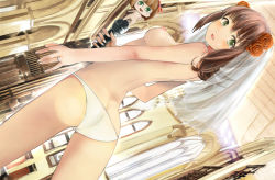Rule 34 | 1girl, amami haruka, blush, breasts, brown hair, dress, green eyes, holding, idolmaster, idolmaster (classic), jewelry, looking at viewer, microphone, nipples, nonowa, ornate ring, panties, panties only, ring, smile, solo, topless, underwear, underwear only, veil, wedding dress, wedding ring, white panties, zi-dabu
