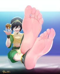 Rule 34 | 1girl, absurdres, avatar: the last airbender, avatar legends, barefoot, black hair, feet, foot focus, hair bun, highres, long hair, looking at viewer, open mouth, soles, toes, toph bei fong