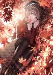 Rule 34 | 1girl, autumn leaves, beret, black hat, black pantyhose, blush, brown footwear, brown hair, brown skirt, commentary request, cross-laced footwear, falling leaves, green eyes, halterneck, hat, highres, holding, holding leaf, leaf, light particles, light rays, long hair, looking at viewer, lying, on side, original, pantyhose, parted bangs, parted lips, red sweater, sakura (39ra), skirt, smile, solo, sweater, vertical-striped sweater